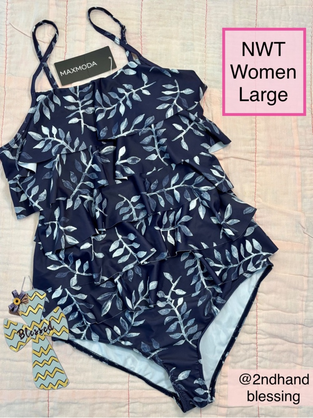 NWT Maxmoda Navy Leaf Ruffle One-Piece Swimsuit, Women Large